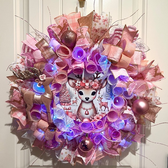 Handmade Pink Winter Floral Reindeer Holiday Ribbon Door Wreath 22 ins W82 - Picture 12 of 12